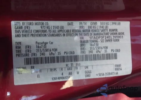 2014 Ford Focus Se from USA, damaged, VIN 1FADP3F24EL395903